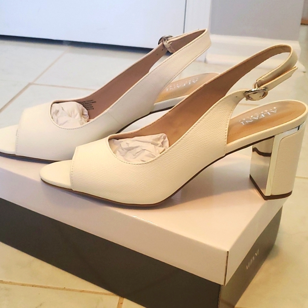 Alfani White sandles with chrome heel accent